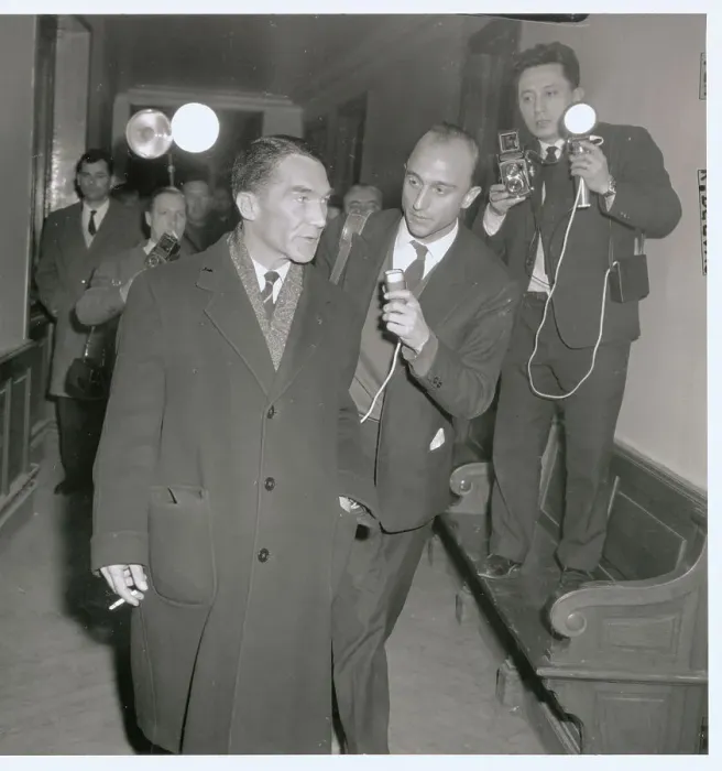 Framed Print : Major Camille Rayon Pausing for Reporters at Palais De Justice Framed Print : Major Camille Rayon Pausing for Reporters at Palais De Justice