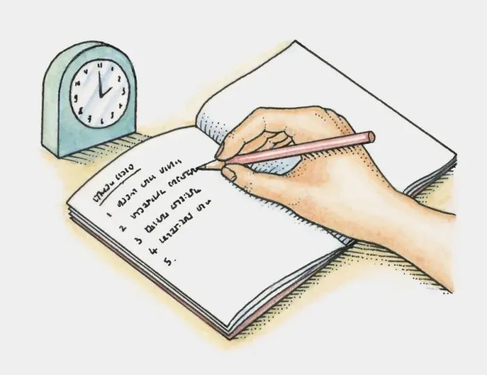 Framed Print : Making a list of tasks in a notebook with a clock to estimate timings Framed Print : Making a list of tasks in a notebook with a clock to estimate timings