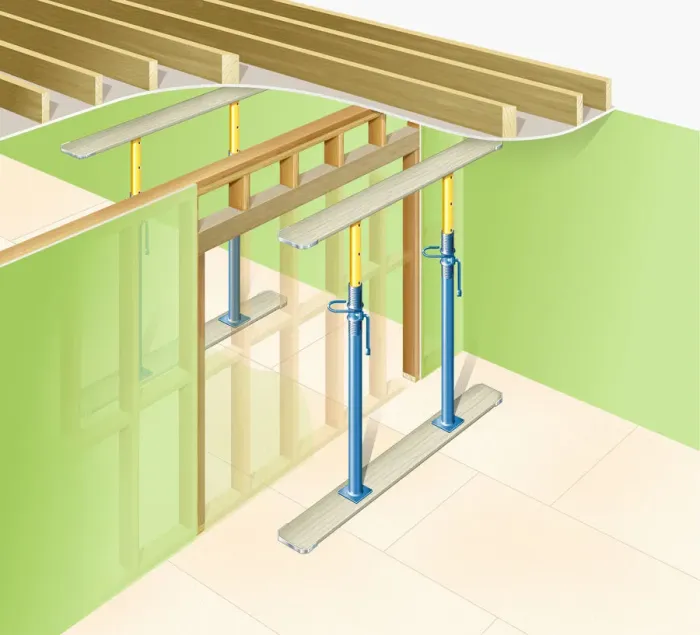 Framed Print : Making an opening in a loadbearing timber wall, supported by props Framed Print : Making an opening in a loadbearing timber wall, supported by props