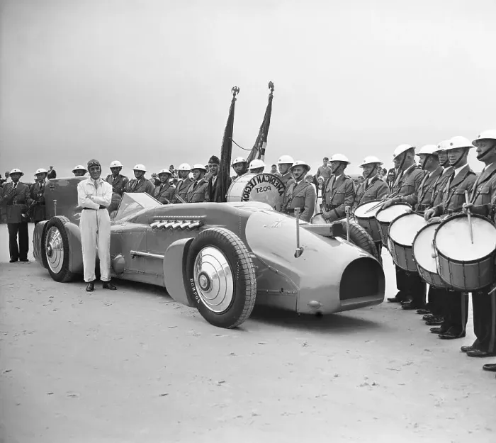 Framed Print : Malcolm Campbell Posing with Racecar Framed Print : Malcolm Campbell Posing with Racecar