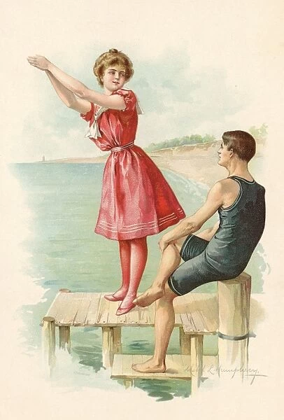 Male And Female Swimmer On Pier