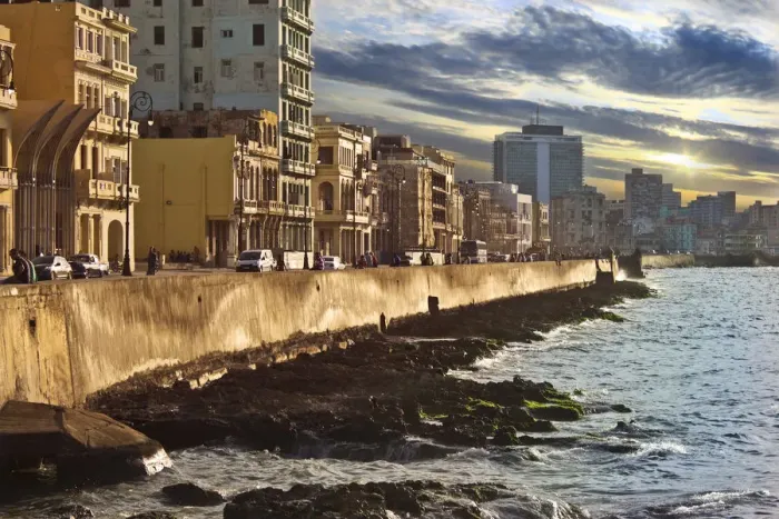 Framed Print : Malecon Avenue Coastal Road in Havana Cuba with Urban Skyline
