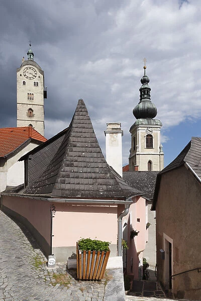 Malerwinkel townscape, steeples of Frauenbergkirche Church and the Church of St Nicholas, Wachau valley, Waldviertel region, Lower Austria, Austria, Europe