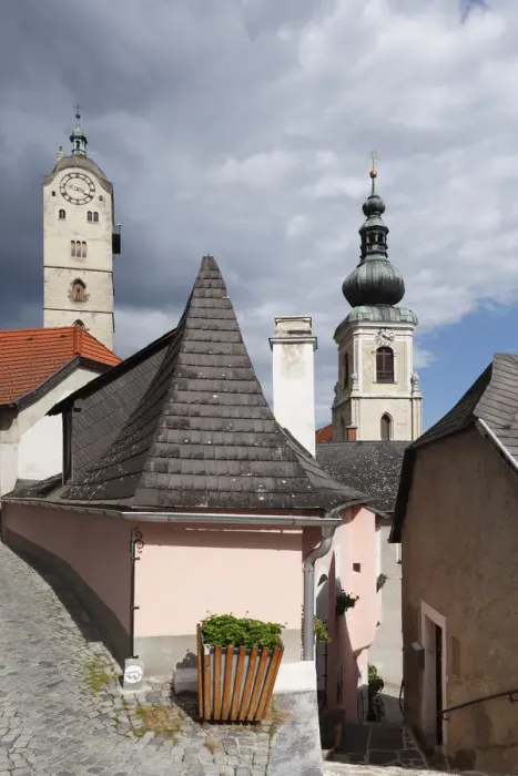 Framed Print : Malerwinkel townscape, steeples of Frauenbergkirche Church and the Church of St Nicholas, Wachau valley, Waldviertel region, Lower Austria, Austria, Europe