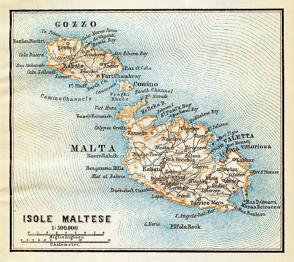 Malta island map - Lithograph Map Published 1890, Leipzig for 'Italie. Manuel du Voyageur' by Karl Baedeker