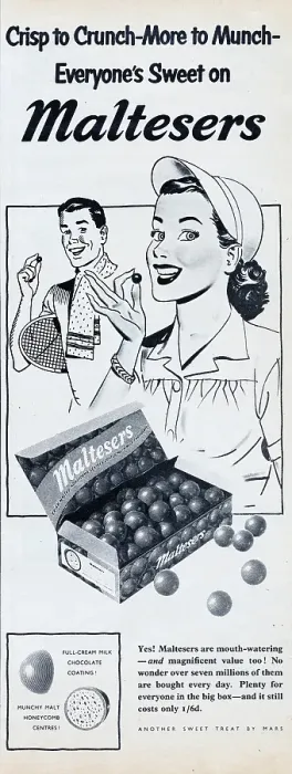 Framed Print : Maltesers. 1954: Advertisement for Maltesers chocolates with the caption Framed Print : Maltesers. 1954: Advertisement for Maltesers chocolates with the caption