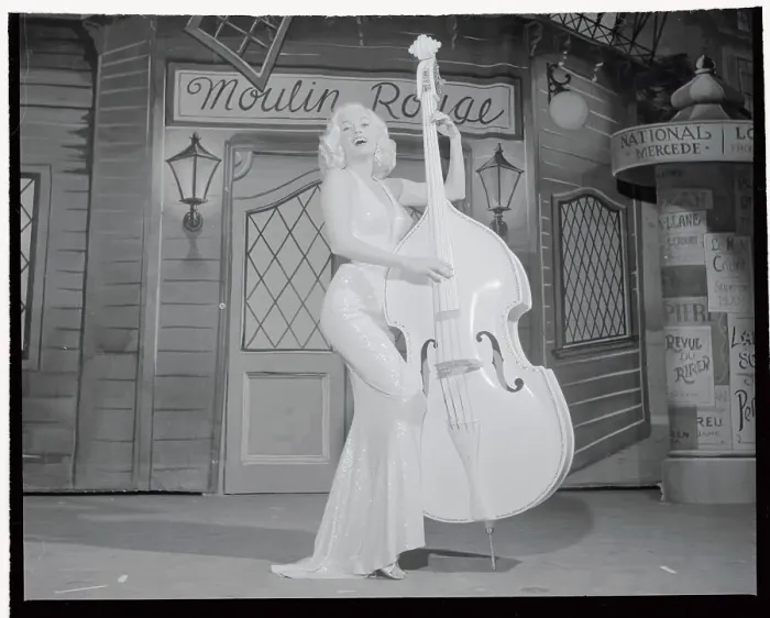 Framed Print : Mamie Van Doren Posing by Large Fiddle