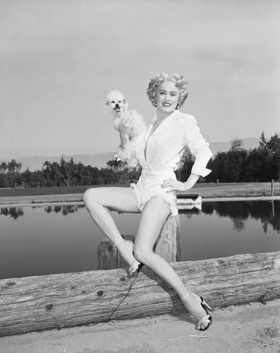 Framed Print : Mamie Van Doren Posing Outside with Pet Dog