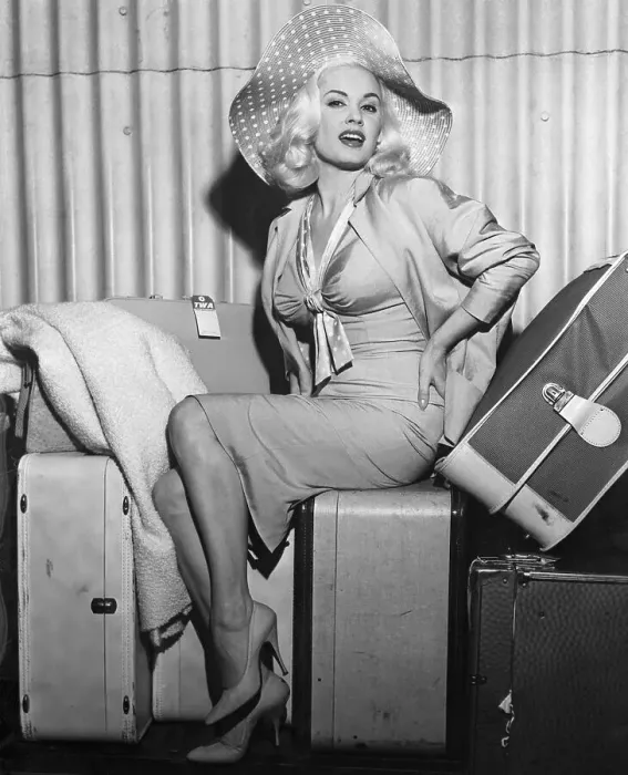 Framed Print : Mamie Van Doren Sitting on Her Luggage Framed Print : Mamie Van Doren Sitting on Her Luggage