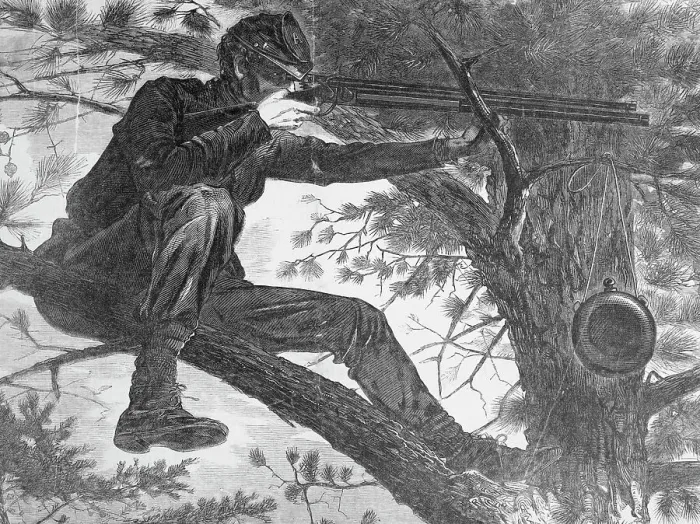 Framed Print : Man Aiming Rifle from a Tree Framed Print : Man Aiming Rifle from a Tree
