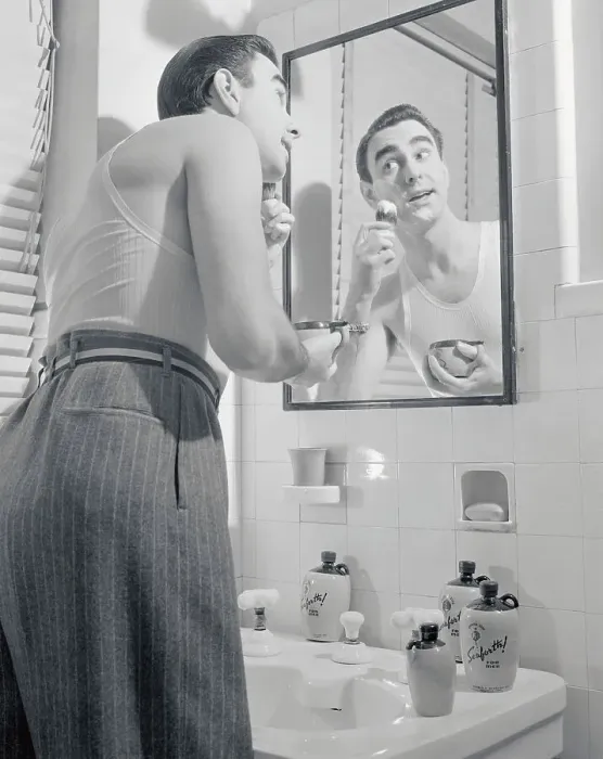 Framed Print : Man Applying Shaving Soap in Mirror Framed Print : Man Applying Shaving Soap in Mirror