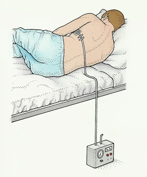 Framed Print : A man on a bed with a chest drain in his side recovering from pneumothorax (collapsed lung) Framed Print : A man on a bed with a chest drain in his side recovering from pneumothorax (collapsed lung)