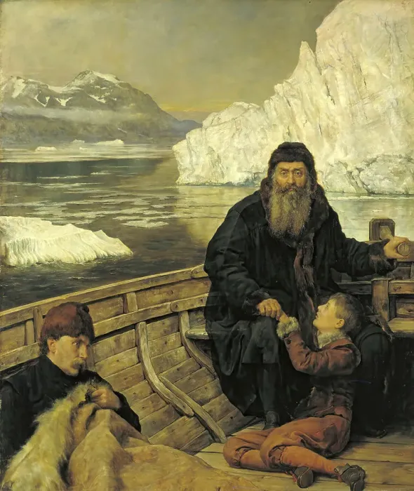 Framed Print : A man and a boy sit in a small boat in a cold, icy landscape