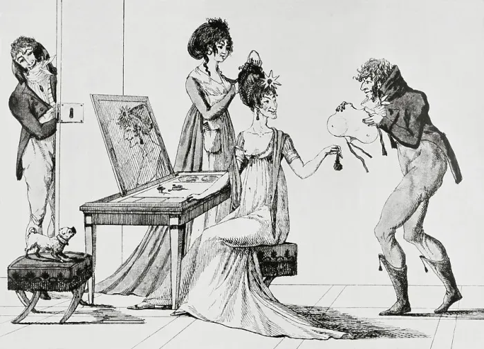 Framed Print : Man Bringing False Costume Piece To Women Framed Print : Man Bringing False Costume Piece To Women