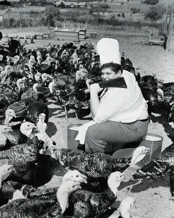 Framed Print : Man with a Cleaver Surrounded by Turkeys
