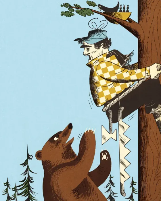 Framed Print : Man Climbing up Tree to Get Away From Bear Framed Print : Man Climbing up Tree to Get Away From Bear