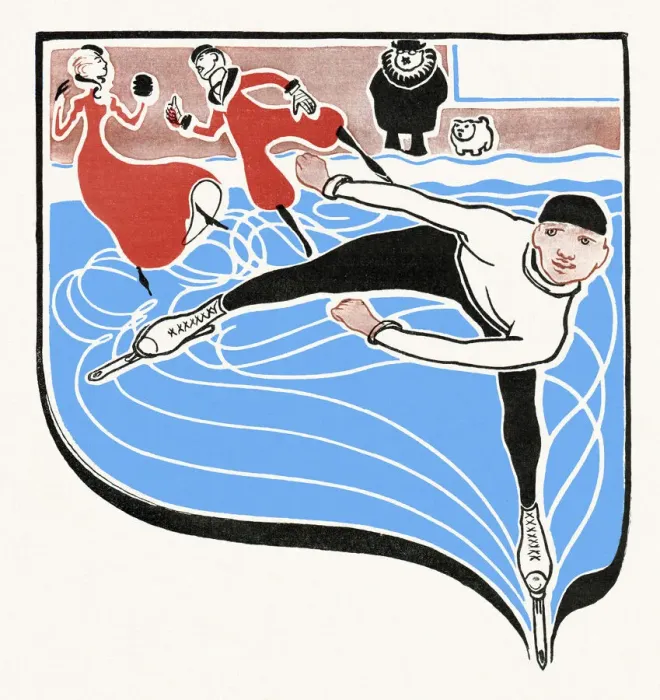 Framed Print : Man and couple ice-skating drawing art nouveau 1897