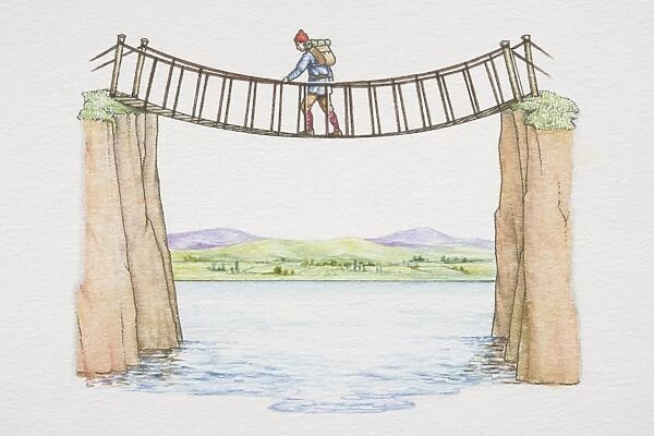 Man crossing rope bridge spanning river, mountain landscape in background