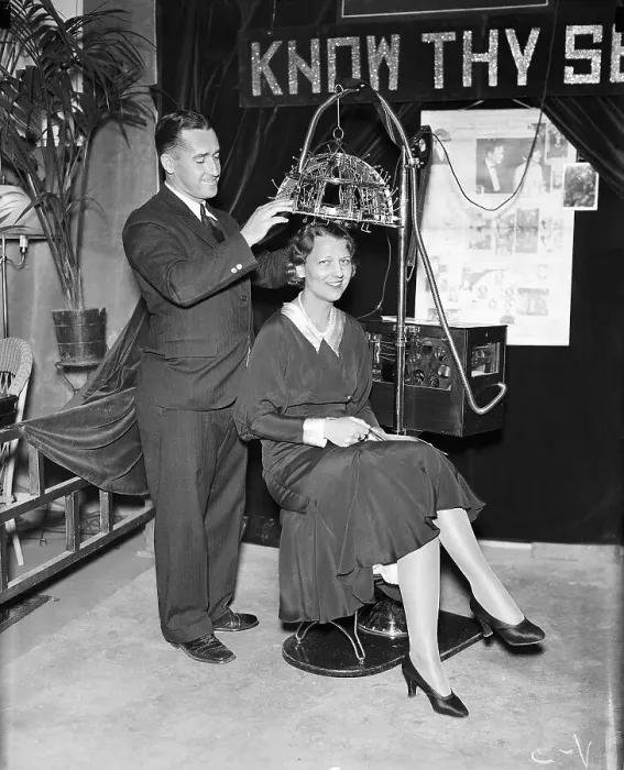 Framed Print : Man Demonstrates Psychoanalyzing Machine Framed Print : Man Demonstrates Psychoanalyzing Machine