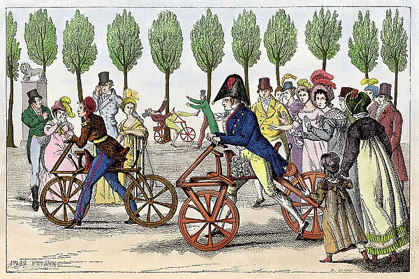 Man on Draisine bicycle in Jardin de Luxembourg 1818