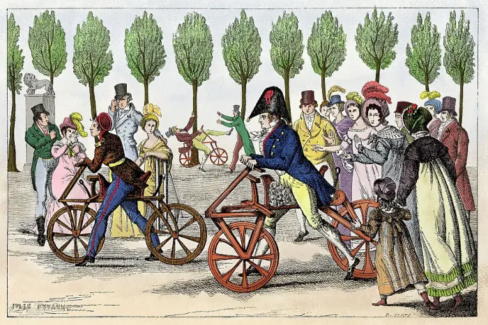 Framed Print : Man on Draisine bicycle in Jardin de Luxembourg 1818 Framed Print : Man on Draisine bicycle in Jardin de Luxembourg 1818