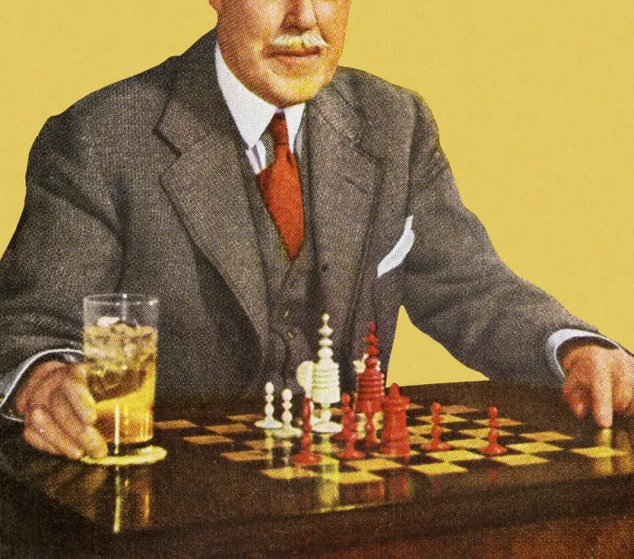 Framed Print : Man With Drink Playing Chess Framed Print : Man With Drink Playing Chess