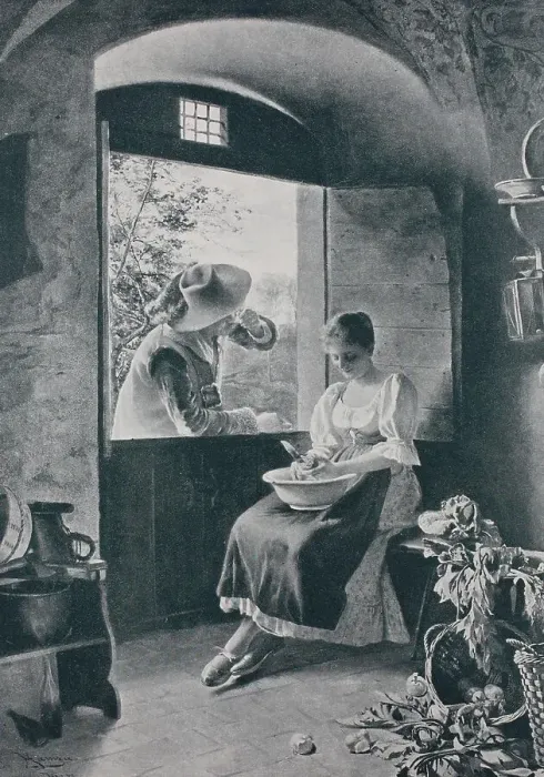 Framed Print : Man flirting through werner schwab (offene Fenster) with a woman doing kitchen work, 1889, Germany, Historic, digital reproduction of an original 19th-century print Framed Print : Man flirting through werner schwab (offene Fenster) with a woman doing kitchen work, 1889, Germany, Historic, digital reproduction of an original 19th-century print