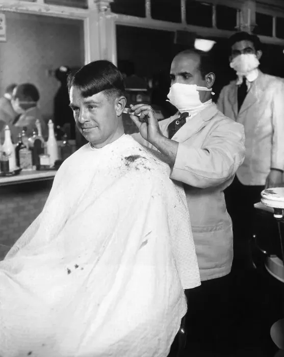 Framed Print : Man Getting Haircut from Barber Wearing Surgical Mask Framed Print : Man Getting Haircut from Barber Wearing Surgical Mask