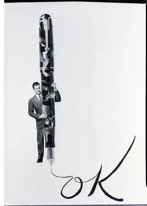 Framed Print : Man With Giant Pen Writing Ok Framed Print : Man With Giant Pen Writing Ok