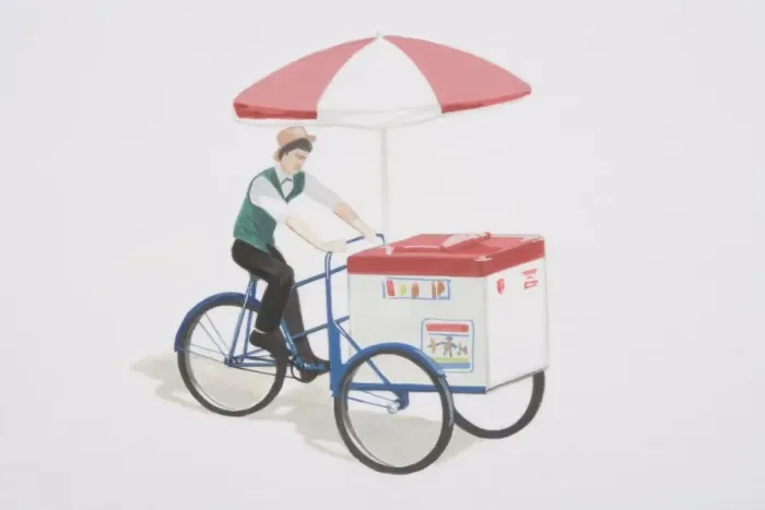 Framed Print : Man in green waistcoat and hat riding ice bike, a tricycle with umbrella and cool box used to sell ice cream Framed Print : Man in green waistcoat and hat riding ice bike, a tricycle with umbrella and cool box used to sell ice cream