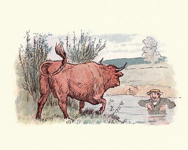 Man hiding in a river from a bull