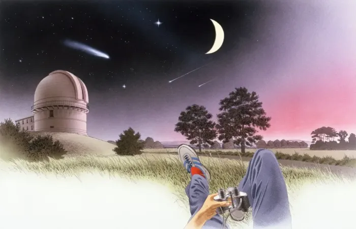 Framed Print : Man holding binoculars in grounds of observatory, night Framed Print : Man holding binoculars in grounds of observatory, night