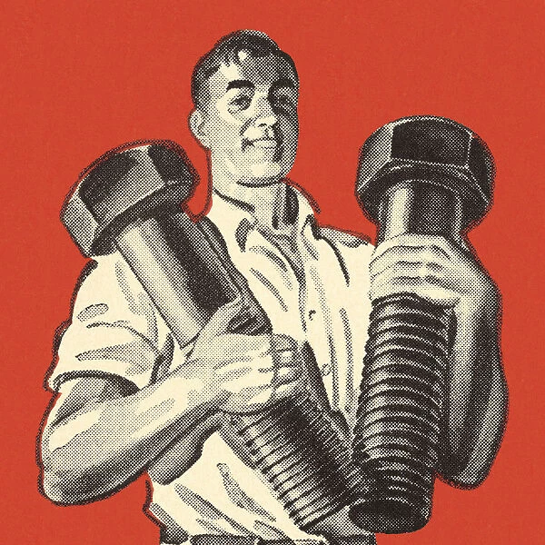 Man Holding Two Giant Bolts