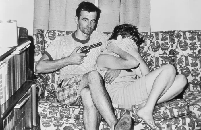 Framed Print : Man Holding Wife Hostage at Gun Point Framed Print : Man Holding Wife Hostage at Gun Point