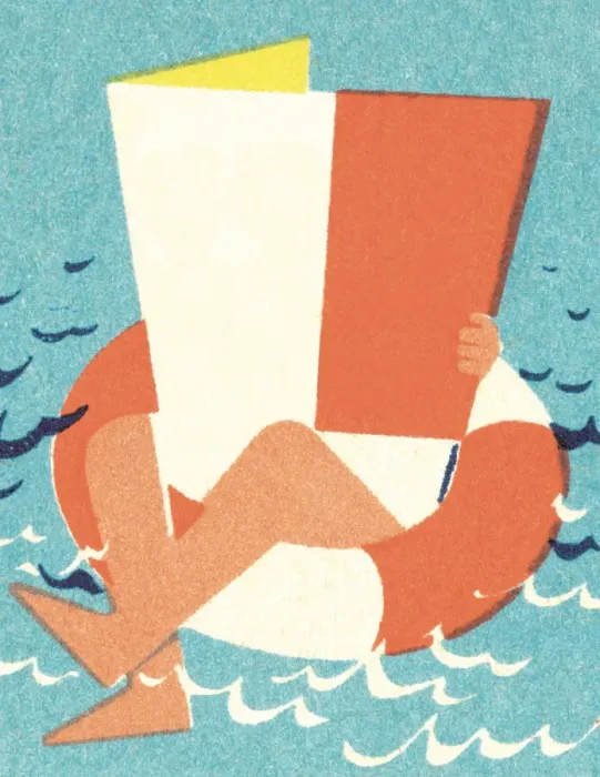 Framed Print : Man in inner tube with newspaper Framed Print : Man in inner tube with newspaper