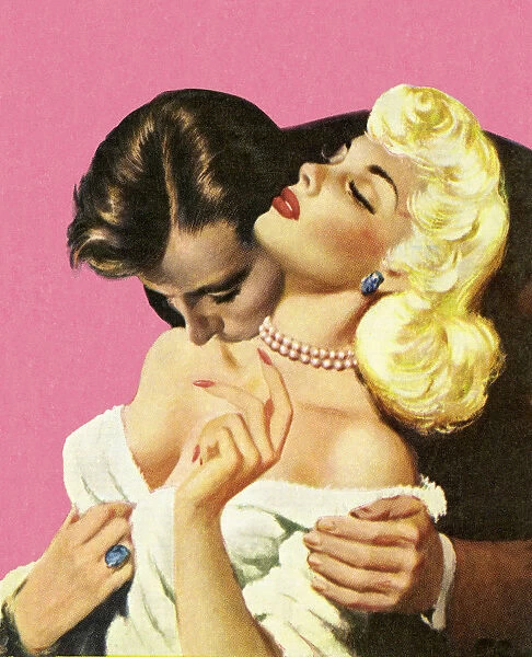 A man kissing a blonde woman in 50s clothing