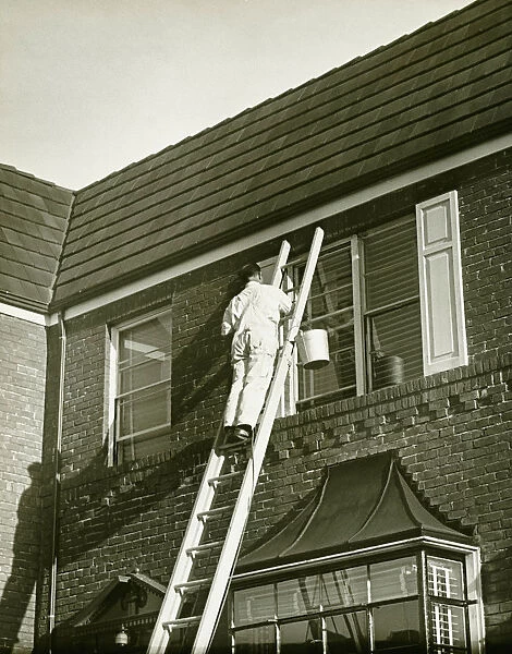 Man on ladder painting shutter (Rear view), (B&W), low angle view