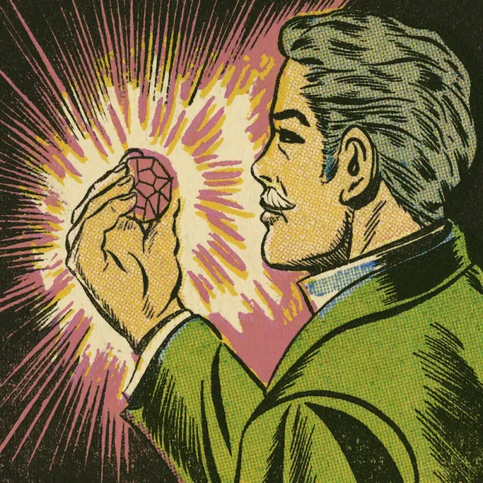 Framed Print : Man Looking at Huge Bright Gem Framed Print : Man Looking at Huge Bright Gem