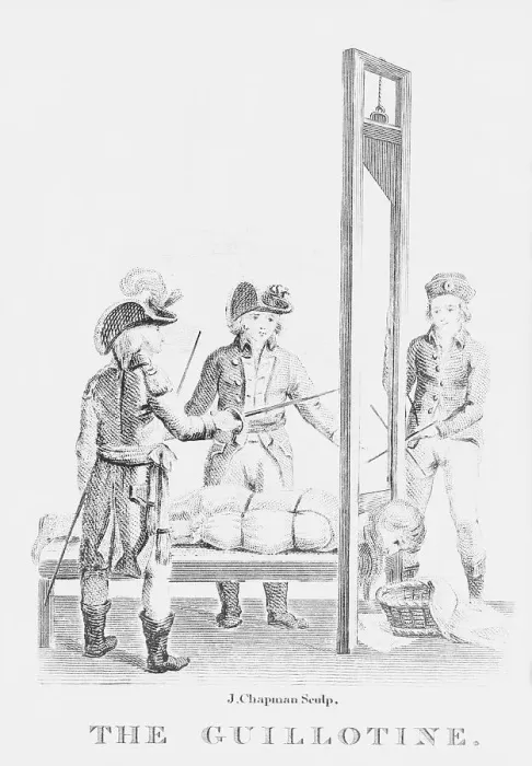 Framed Print : Man Lying in Guillotine Framed Print : Man Lying in Guillotine
