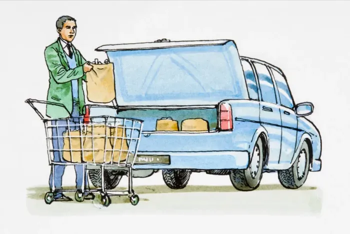 Framed Print : Man moving paper shopping bags from shopping trolley into boot of car