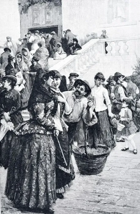 Framed Print : Man offering flowers to a group of young women Framed Print : Man offering flowers to a group of young women