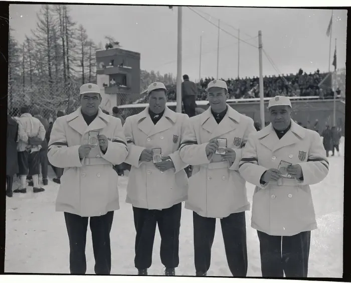 Framed Print : US Four Man Olympic Bobsled Team Displaying Medals Framed Print : US Four Man Olympic Bobsled Team Displaying Medals