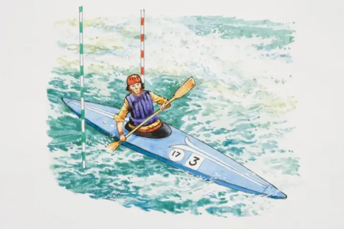 Framed Print : Man paddling kayak through poles on rapids, elevated view Framed Print : Man paddling kayak through poles on rapids, elevated view