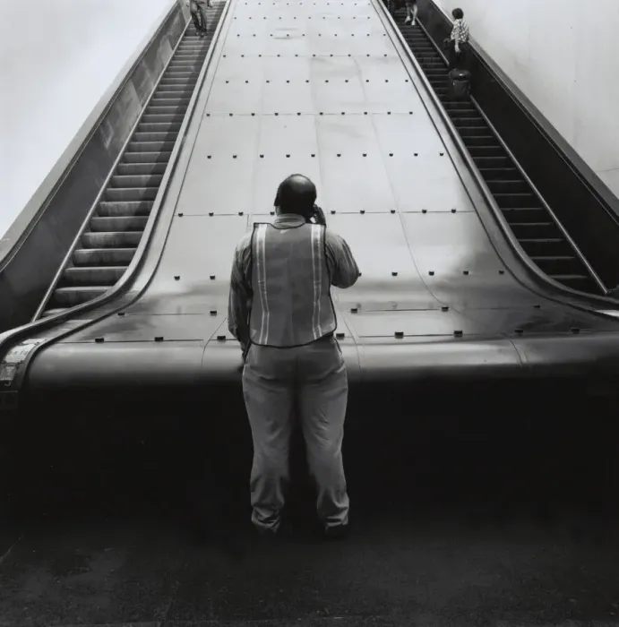 Framed Print : Man at bottom of Path train escalators in New York City Framed Print : Man at bottom of Path train escalators in New York City