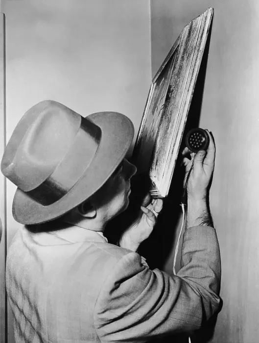 Framed Print : Man Placing Eavesdropping Device Behind Painting Framed Print : Man Placing Eavesdropping Device Behind Painting