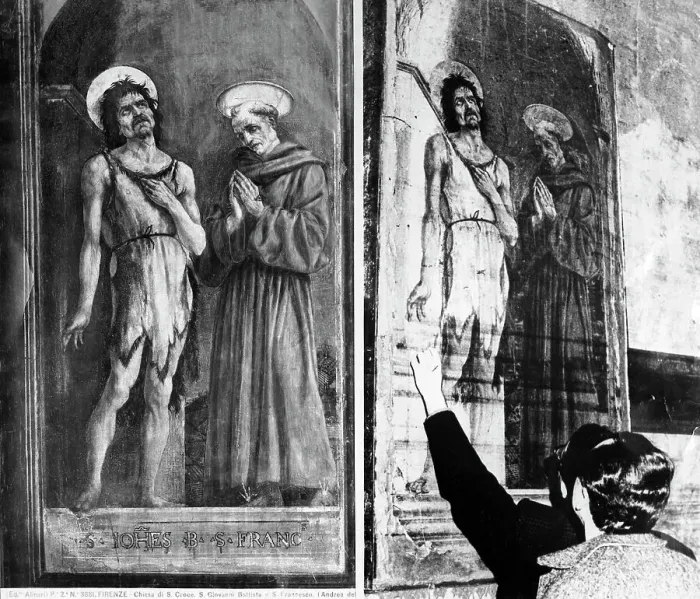 Framed Print : Man Points To Watermark On Frescoe;Flood Framed Print : Man Points To Watermark On Frescoe;Flood