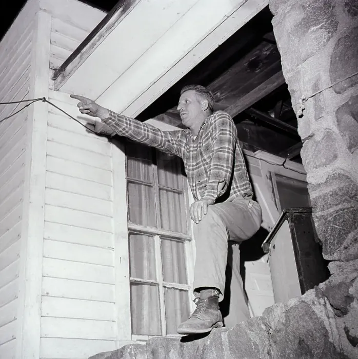 Framed Print : Man On Porch Pointing Toward Sky Framed Print : Man On Porch Pointing Toward Sky