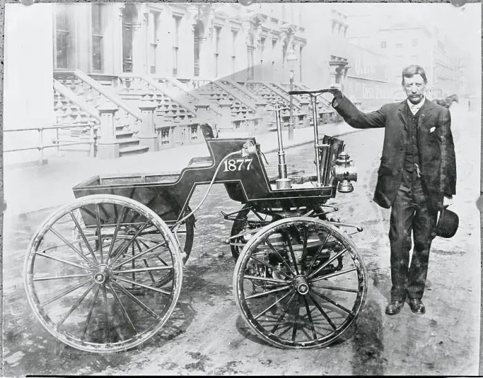 Framed Print : Man Posing with Selden Automobile Framed Print : Man Posing with Selden Automobile