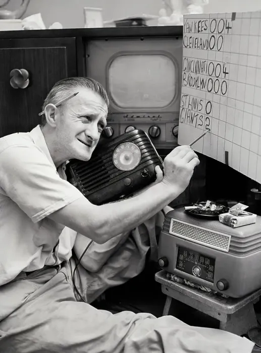 Framed Print : Man With Radios, Baseball Scoreboard Framed Print : Man With Radios, Baseball Scoreboard