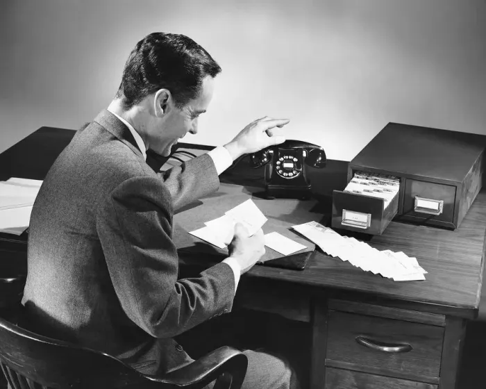 Framed Print : Man reaching for phone while reading card Framed Print : Man reaching for phone while reading card